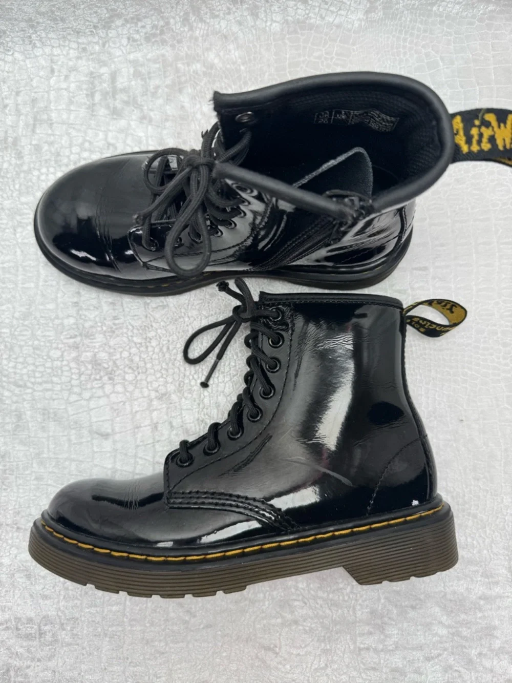 Dr. Martens Little Girl’s Black Patent Lace-Up Side Zip Boots, Size 1
